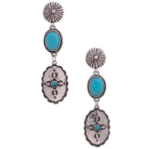 OVAL Dangle Turquoise Silver Earrings - Picture 4 of 8